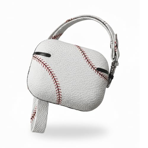 Image of Baseball AirPods Pro 3 Case 2025, Premium PU Leather Protective Cover with Keychain, Cute Hard Shell Earbuds Case, White