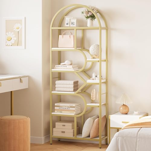 Garvee Bookshelf 6 Tier Arched, Bookcase 82 Inch Tall Display Racks, Geometric Open Storage Shelf, Book Rack Metal Frame Large Modern Bookshelf for, Living Room, Home, Office, Gold+White