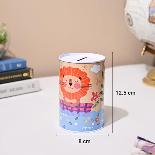 Image of Market99 Money Bank Set of 2 | Round Multi-Color Tin Coin Banks with Glossy Finish & Cute Cat & Lion Print | Fun Piggy Banks for Kids & Adults | Ideal for Saving Coins at Home, Desk & Gifting Use