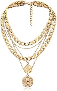Sttiafay Punk Chunky Chain Necklace Exaggerated Layered Cuban Link Chain Necklace Multilayer Carved Coin Pendant Necklace Thick Choker Jewelry for Women (Gold)