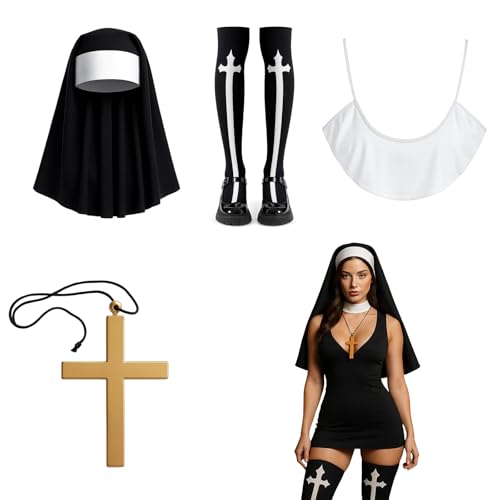 Nonnenkostüm Damen, Sexy Nonnen Kostüm Frauen, Halloween Nonnen Kostüm 4-teilig mit Kopfbedeckung, Halskette, Socken, Perfektes Outfit für...