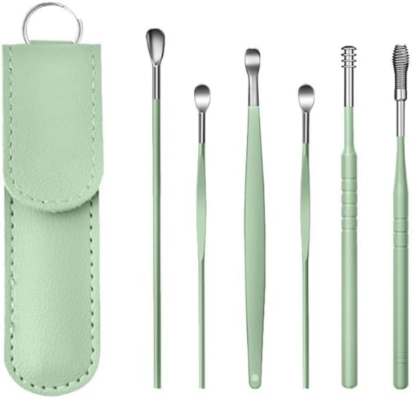 Estuche de cuero 6 piezas de cuchara de eliminación de cera de oído con acero inoxidable 360 con resorte de masaje de oído Kit de herramientas de
