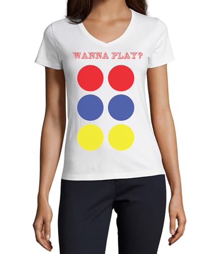 T-shirt col en V femme blanc coton Wanna Play haut manches courtes imprimé à message