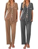 Ekouaer 2 Pack：Women Pajamas Short Sleeve Pj Set Notch Collar Button Up Loungewear Cozy Sleepwear Sets Brown and Medium Gray S