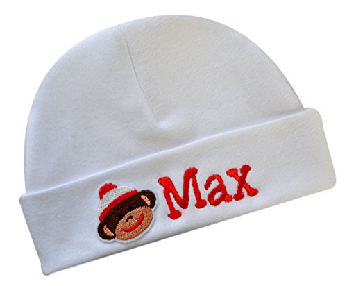 Personalized Embroidered Baby Boy or Girl Keepsake Custom Infant Hat with Sock Monkey
