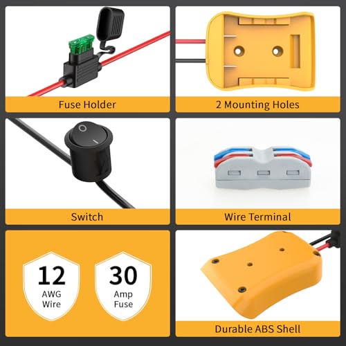 Image of Kzreect 2 Pack for Power Wheel Adapter Compatible with Dewalt 20V Battery | 12AWG, Wire Terminals, 30A Fuse Holder, Switch, Battery Converter Kit for DIY RC Car Toys LED Motor