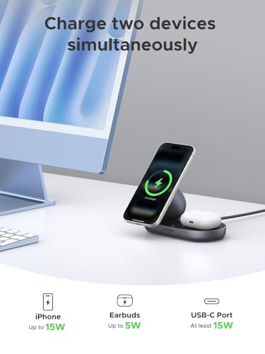 Image of UGREEN Qi2 15W 2-in-1 Wireless Charger, MagSafe Compatible Fast Charging Station for iPhone 17 /16 /15 /14 /13 /12 and AirPods, Compact Magnetic Charging Stand