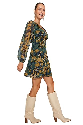 Trendyol Mujeres Floral Mini Manga Larga Casual Vestido Regular, Multicolor, 42