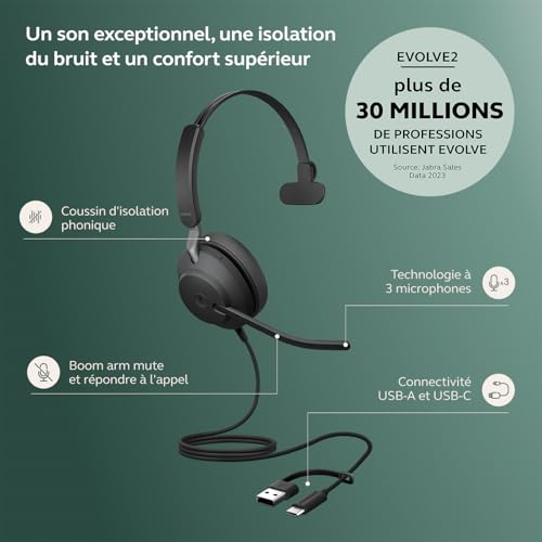 Jabra Evolve2 40 SE UC Mono Micro casque sur oreille filaire USB C USB A isolation acoustique Optimisé pour la CU - vue 3