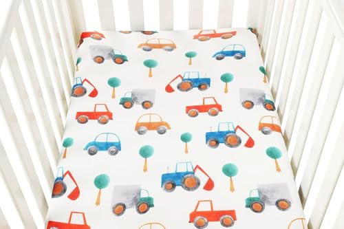 Image of Pack n Play Sheet Stretchy Fitted Portable Mini Crib Sheets Set 2 Pack,Playard Sheets Convertible Playard Mattress Cover,Ultra Soft Jersey Material, Rocket & Car