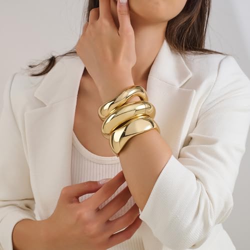 Chunky Gold Bangles Bracelets Stack for Women, Dainty 14k Gold Plated Wide Stackable Bangles Set, Trendy Statement Cuff Bracelet Stack Fashion Jewelry Gifts Style 1 — view 3