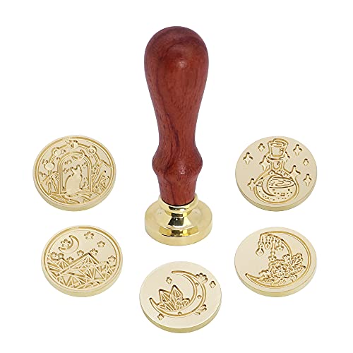 Swangsa Wax Seal Stamp Set, Vintage 6 Pieces Sealing Wax Stamp Heads + 1 Wooden Handle Sealing Stamp Kit (Moon Set) #TOP2
