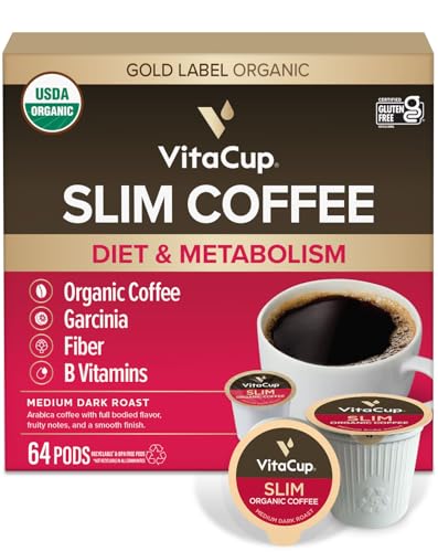 VitaCup Slim Organic Coffee Pods, Diet Support with Ginseng, Garcinia, B Vitamins, Bold Medium Dark Roast, Single Serve Pod, Compatible with Keurig K-Cup Brewers,64 Ct