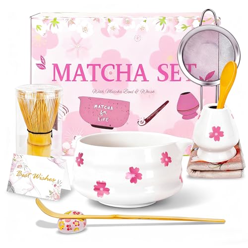 Cinsenten 8Pcs Cute Ceramic Matcha Set with Whisk Bowl, Matcha
