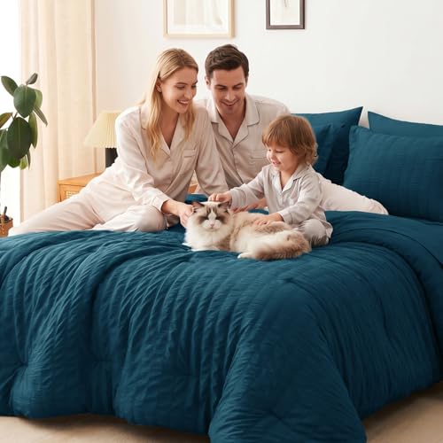 Image of CozyLux King Size Comforter Set Lyons Blue, 7 Pieces Seersucker Textured Luxury Bed in a Bag, All-Season Soft Bedding Sets with Down Alternative Comforter, Sheets, Pillowcases & Shams, Bedroom Bed Set