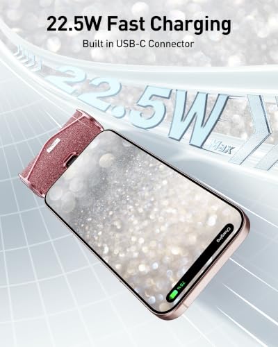 Image of iWALK Upgraded Sparkly Portable Charger 22.5W, 5000mAh Power Bank for iPhone 17 /16 /15 Series, Mini Battery Pack with Built-in USB-C Connector Compatible with Samsung S25 /24, iPad Pro /Air, Pink