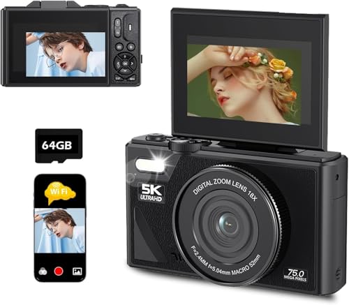 5K Digital Camera, WiFi 75MP Vlogging Cameras, 18X Autofocus Point and Shoot Digital Cameras with 3in 180°Flip Screen, Compact Vlog Travel Camara with SD Card for Photography (Black)