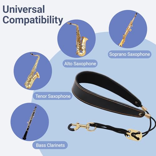 HighLight Saxophone Neck Strap Clarinet Oboe Ergonomic Design Straps Adjustable Length Durable Comfortable Soft Padded for Alto/Tenor/Soprano Saxophones Bass Clarinets Accessories Black - Thumbnail 2