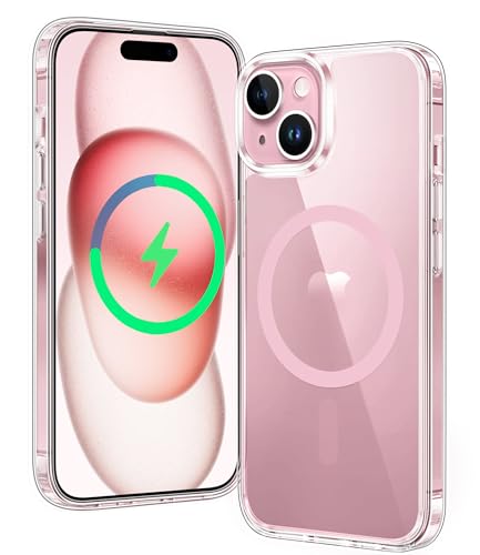 FNTCASE for iPhone 15 Case Clear: iPhone 14/13 Case Magnetic Phone Cases Compatible with Magsafe Slim Anti Yellowing Military Grade Drop Protection Rugged Protective Transparent Cover (C-A Pink)