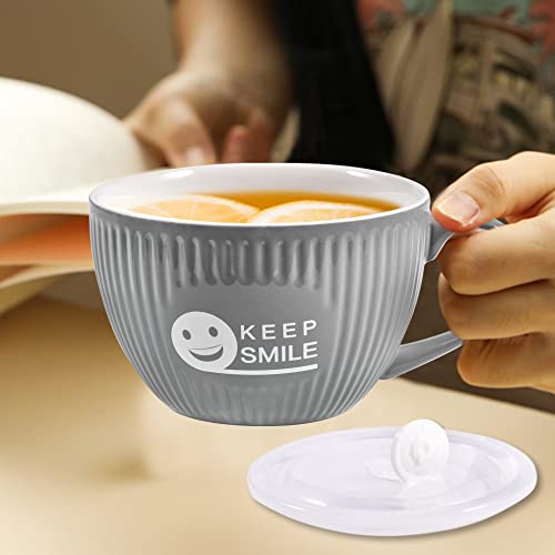 28 Ounce Soup Bowl with Handle, Ceramic Large Soup Mug with Lid, Microwave Safe Big Cup for Quick Instant Noodle or Simple Meals Takeout, Funny Smile Large Cereal Bowl, Grey