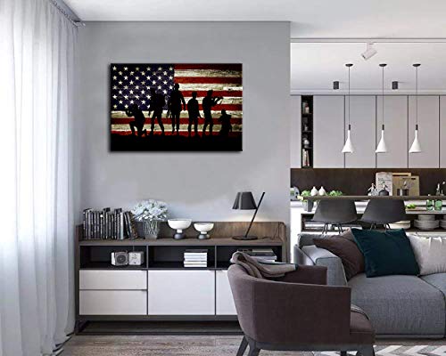 Urttiiyy American Flag Military Soldiers Army Wall Art Canvas Prints Thin Blue Red Line Home Decor Pictures For Living Room Bedroom Painting Framed Ready To Hang - 36''X24'' #TOP2
