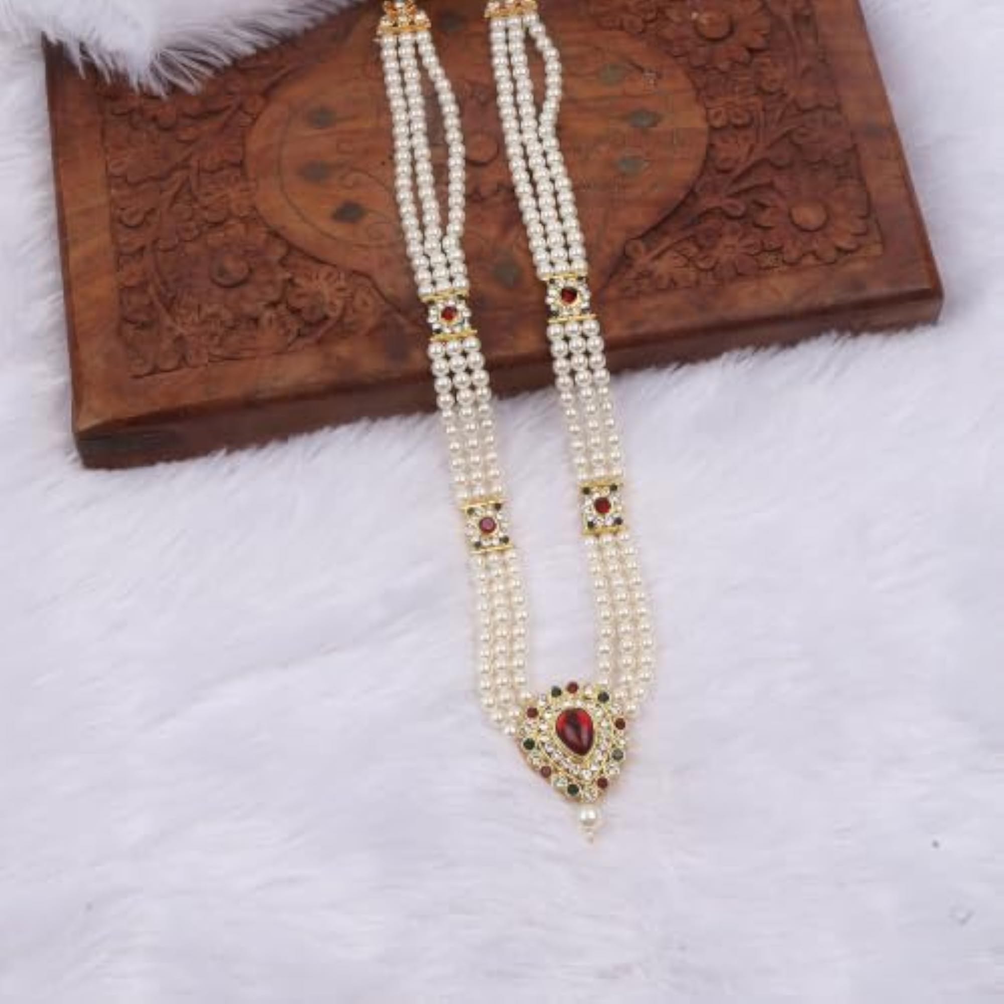 Three Layer Pearl Mala Necklace with Red & Green Stone Pendant