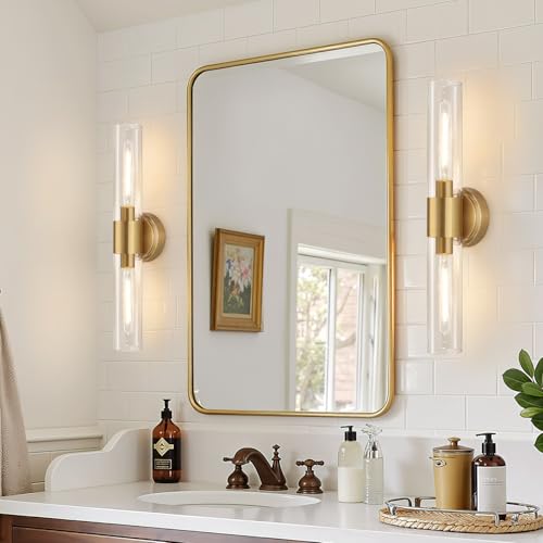 Image of Wall Sconces Set of Two, Brushed Gold Bathroom Sconces Wall Lighting with Clear Glass, Hardwired Modern Sconces Wall Decor Set of 2 for Bathroom Mirror Bedroom Living Room Hallway