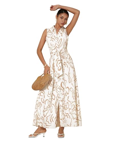 ADOR Women's Summer Button Down Shirt Dresses Sleeveless V Neck Belted Casual Maxi Dress with Pockets, Beige S