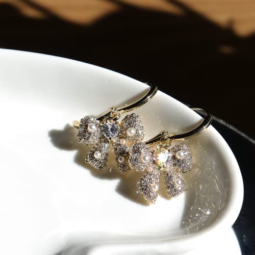 Sonateomber Gold Bow Dangle Hoop Earrings for Women - Cute Sparkly Cubic Zirconia Rhinestone Ribbon Drop Small Circle Huggie Cartilage Hypoallergenic Daily Jewelry Gift4