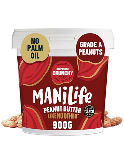 ManiLife Erdnussbutter, Peanut Butter, Deep Roast Crunchy, 900-g-Dose, Erdnussmus aus besten argentinischen Erdnüssen, vegan, erdnussbutter ohne zucker und palmöl, ohne GVO, bulk erdnussbutter