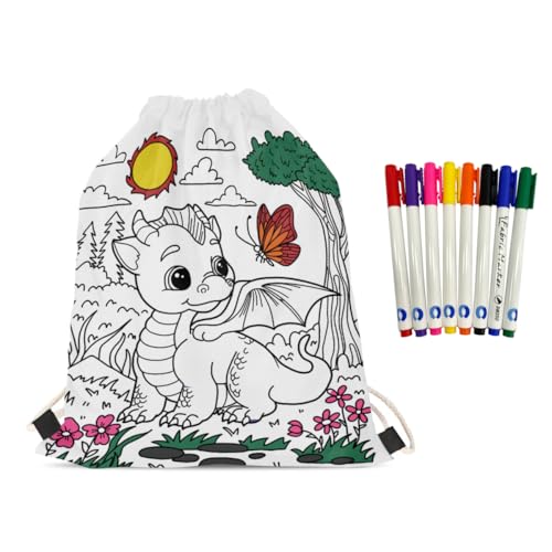 Dragon Coloring Bag for Kids Drawstring Backpack DIY Painting Art Back to School Supplies Pouch Birthday Party Favors