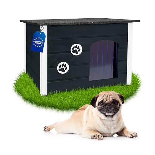 Outentin Hundehütte Outdoor Winterfest - Hundehaus für Mittelgroße Hund - Isoliert und Wetterfest - Hunde Haus für Draußen mit zum Öffnen Flachdach - Stabile und Moderne Villa - 76 x 60 x 60cm - Grau