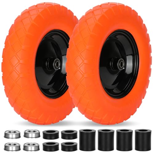 Pontuss Upgraded 16 Flat Free Wheelbarrow Wheels and Tires 4.80/4.00-8 Solid Tires with 5/8&3/4 Bearings Universal Fit for Wheelbarrows/Garden Trailer