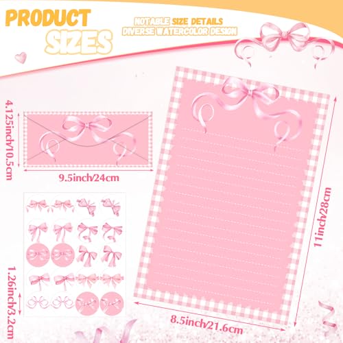 Image of TaoBary 160 Pcs Pink Bow Stationery Paper and Envelopes Set Coquette Lined Stationery Paper 50 Double Sided Pink Papers with 50 Matching Envelopes and 60 Round Dot Sticker for School Students Rewards