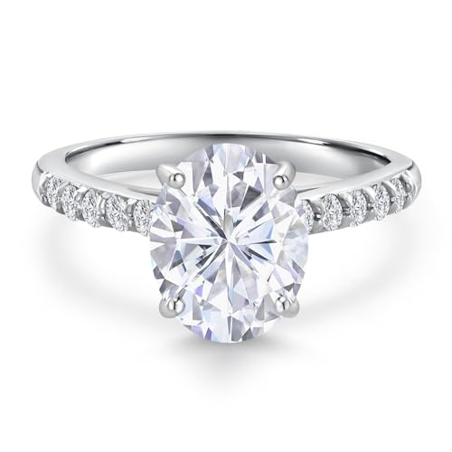 Gem Stone King 10K White Gold Gemstone Birthstone and White Lab Grown Diamond Accent Engagement Ring For Women | Oval 9X7MM and Round 1.7MM | Wedding Anniversary Promise Ring | Sizes 5, 6, 7, 8, 93