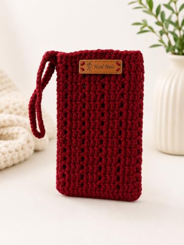 Image of Handmade Crochet Mobile Pouch for Women & Girls | Knitted Phone Holder with Wrist Strap | Cute Floral Aesthetic Mobile Cover Case | Soft Yarn Handmade Gift (Cherey)