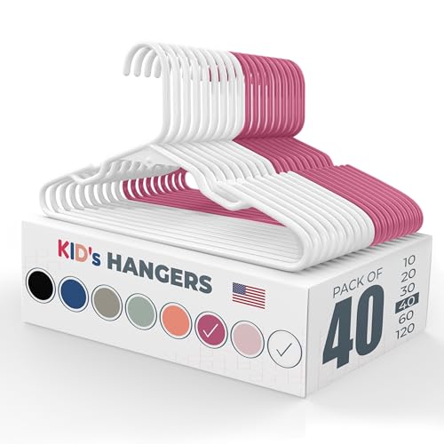 Neaties Plastic 12” Kids Hangers 40 Pack – Made in the USA – 5lb Capacity Baby & Toddler Clothes Hangers with Notches & Reinforced Edges – Fits Children’s Sizes Up to 8 – White & Pink