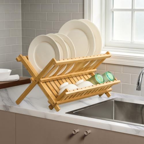 Dish Drying Rack, 2 Tier Bamboo Drying Rack, Freestanding Collapsible Countertop Dish Drainer, Folds Flat for Compact Storage, Eco-Friendly Natural Bamboo, 17.72" x 11.1" x 9.45" Open, Ideal for Deal