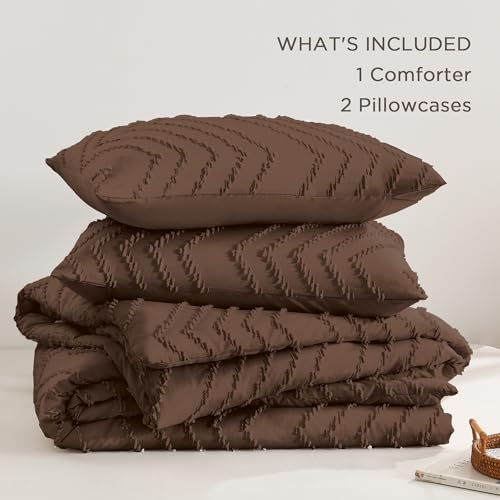 Image of Andency Brown Comforter Set Full Size, Boho Soft Warm Tufted Bedding Comforter Sets for Full Size Bed, 3 Pieces Aesthetic Chevron Farmhouse Cute Bohemian Textured Bed Set