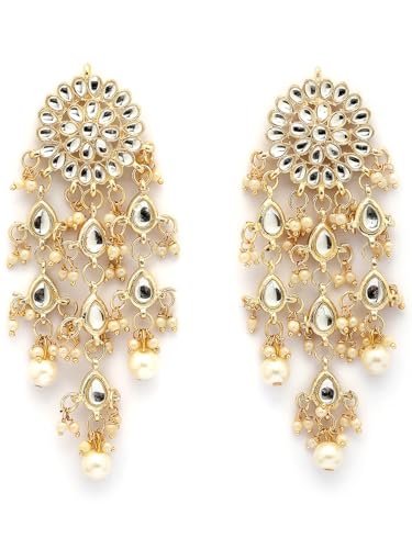 Image of Sukkhi Beautiful Floral Style Gold Plated with Pearls & Kundan Studded White Long Dangler Tassel Earring Jewellery for Women & Girls|E107329