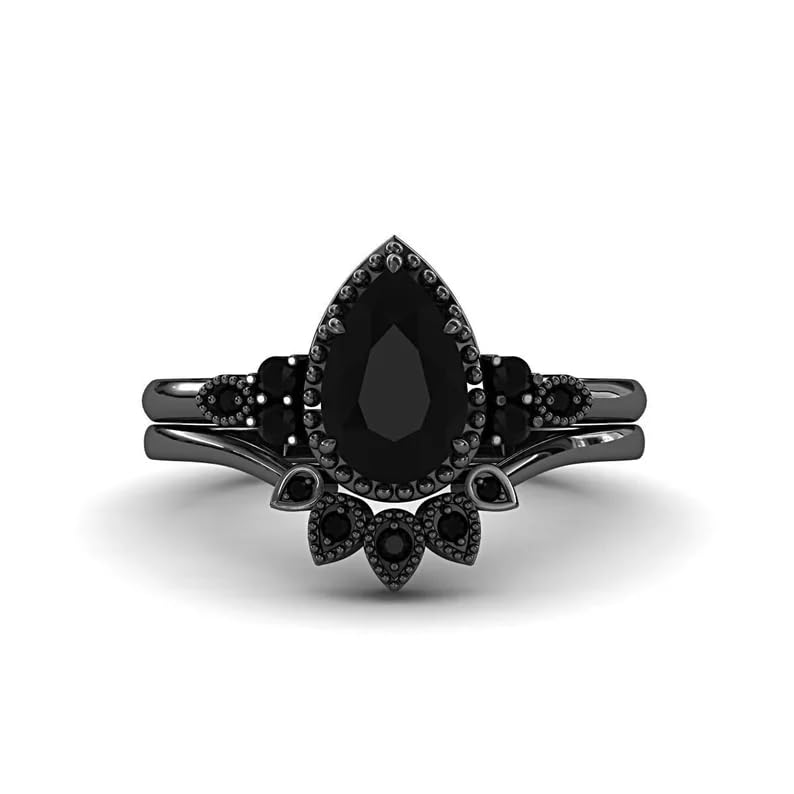 Black Wedding Ring Set for Women S925 Sterling Silver Personalized Pear Cut Black Onyx Ring Set Bridal Engagement Band Gift for Mather’s Day Her