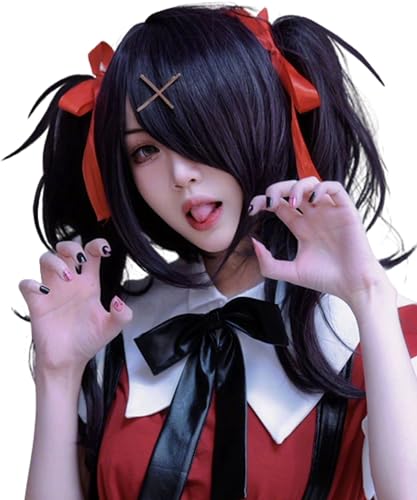 Image of Half and Half Black Ponytail Wig with Bangs Short Curly Black Anime Lolita Cosplay Wigs + Hairpins + Red Ribbons Black Twin Tails Wig for Women Halloween Party