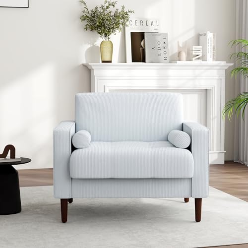 Image of Corduroy Accent Chairs Set of 2, Modern Upholstered Living Room Arm Chair Comfy Bedroom Reading Armchair with Bolster Pillows, Mid-Century Track Armrest Tufted Single Sofa Seat (Beige)