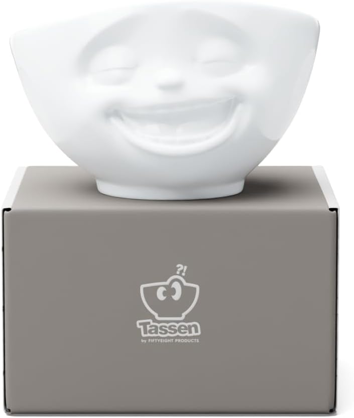 FIFTYEIGHT PRODUCTS TASSEN Porcelain Bowl, Laughing Face Edition, 16 oz. White, (Single Bowl) for Serving Cereal, Soup