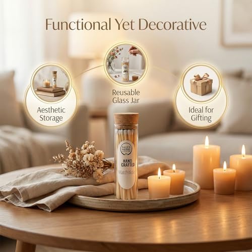 Image of Sage & Herbs Long 35 Matchsticks in a Borosilicated Cork Jar | For Fireplace, Kitchen, Home Temple | Long Burn Time Matcsticks (White, Extra Long)