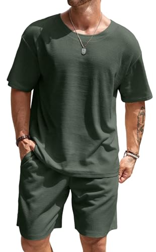 Vssjavun Mens Short Sets 2 Pieces Outfits Waffle Knit Lounge Set Short Sleeve Summer Casual Tracksuit