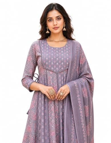 Image of Pure Cotton Anarkali Kurta Set for Women with Dupatta | 3 Piece Cotton Anarkali Suit | Floral Aari Work | Flared Ethnic Wear