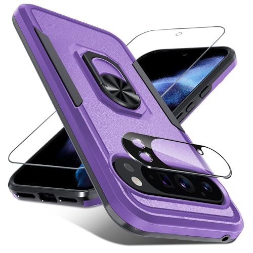 for Google Pixel 10/10 Pro Case with Screen Protector + Camera Lens Protector,Heavy Duty Shockproof Full Body Protective Cover Built in Rotatable Metal Ring Holder Kickstand,2025 Lavender