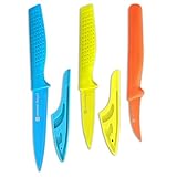 Gourmet Forged ColorSlice 3 PC Color-Coded Paring Knife Set. 5" Fruit Knife, 3.5" Paring, 3" Bird Beak Hook Peeler Curved Non Stick Dishwasher Safe Knives Sharp Stainless Steel Anti Rust