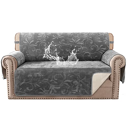 Sofa Slipcover 100% Waterproof Sofa Cover Couch Cover Premium Velvet Classic Flower Pattern Furniture Protector Non Slip With Elastic Straps For Pets Dogs Width Up To 52 Inch (Medium Sofa, Grey) #TOP29